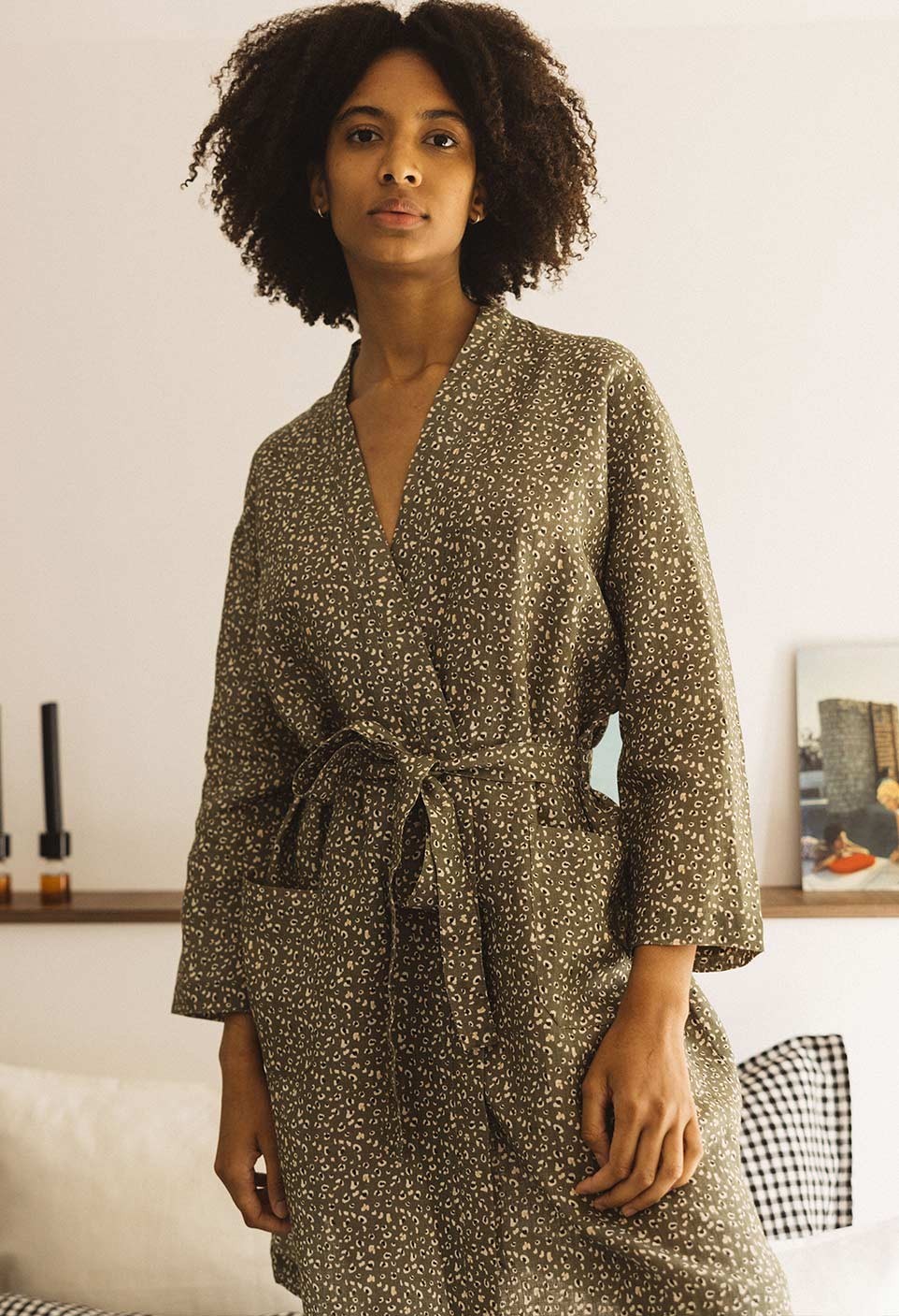 Washed linen kimono léopard auburn - homewear - pyjamas - bathrobe