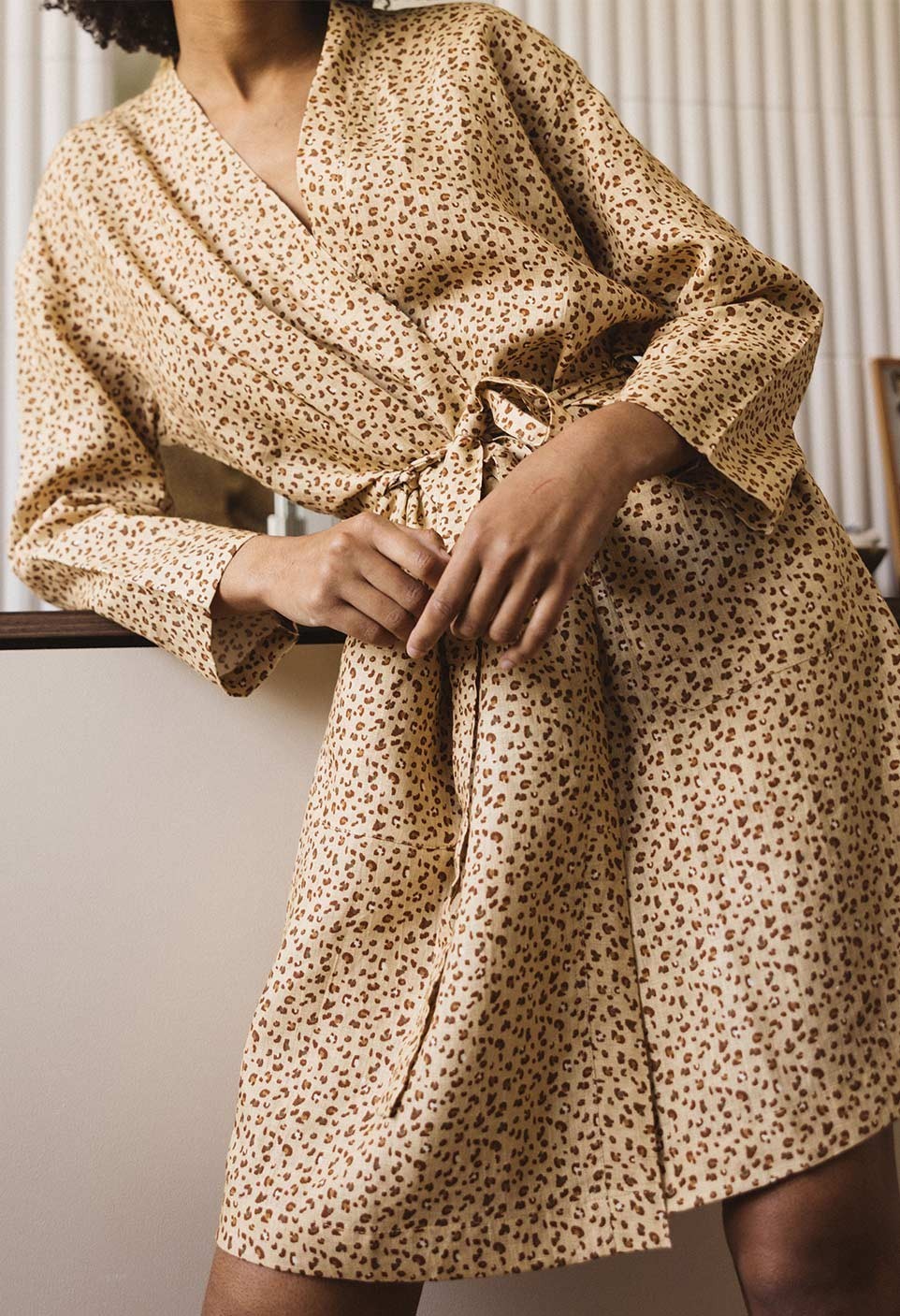 Washed linen kimono léopard sable - homewear - pyjamas - bathrobe