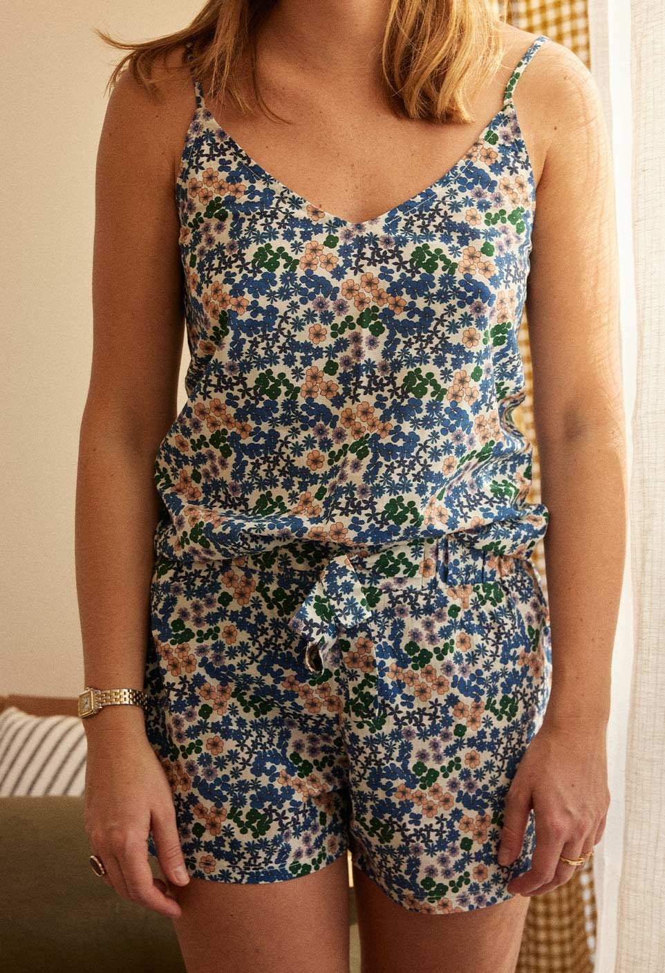 Cotton pyjama top Flower Azur