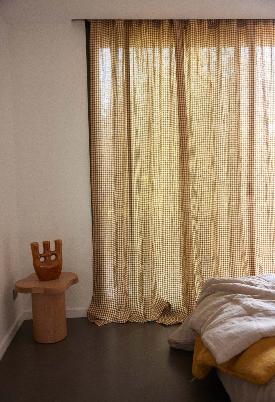 Washed linen curtains vichy curry 140x280cm