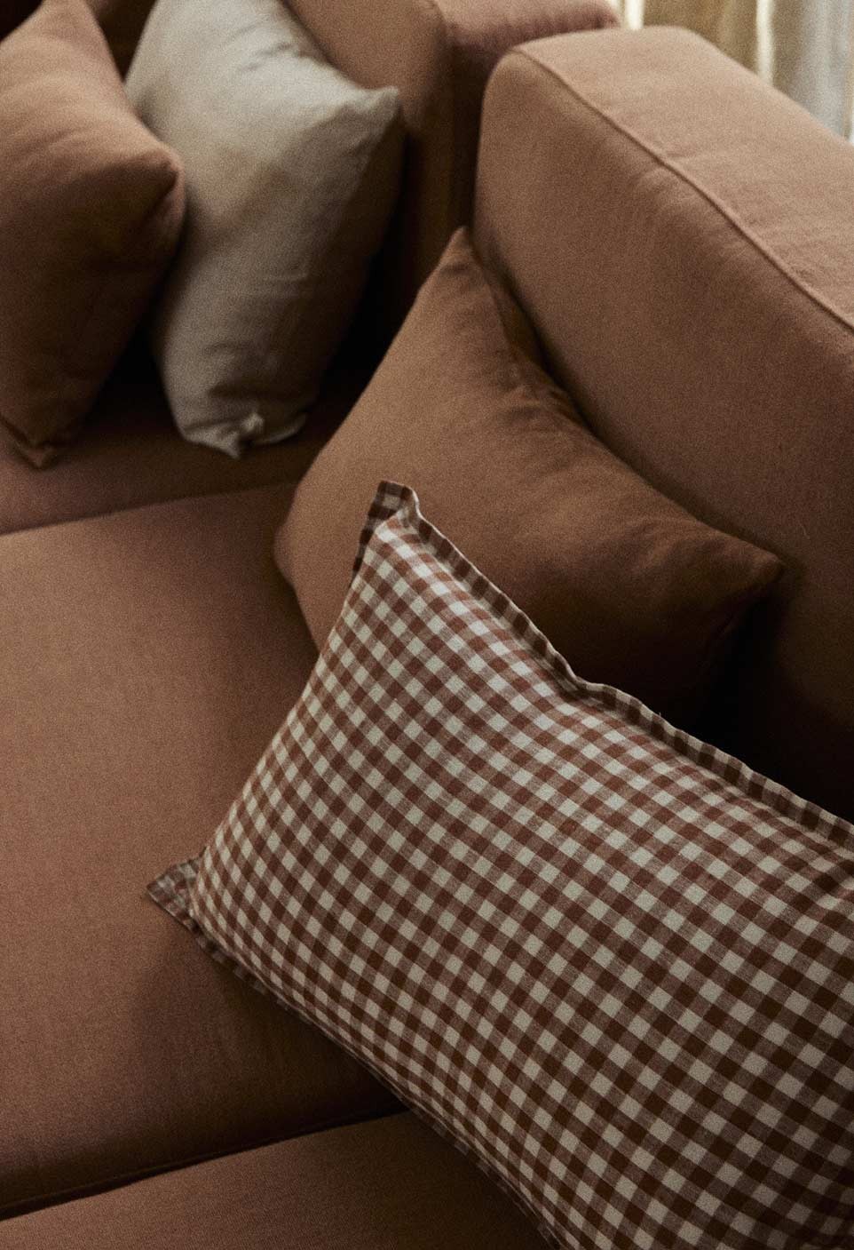 Check taormina cushion - washed linen - vichy brique - decoration