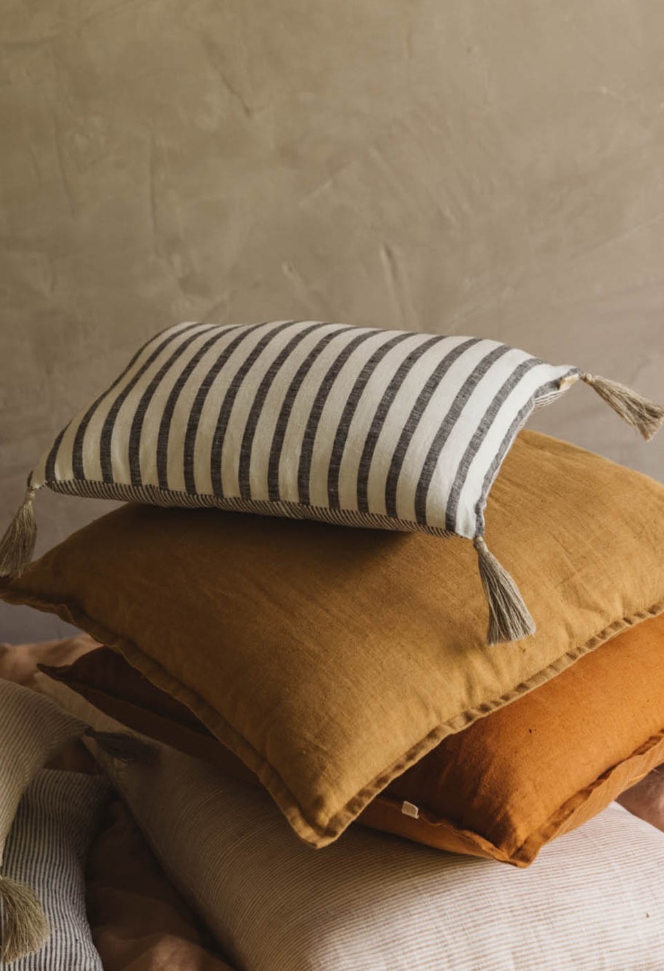 washed linen striped bahia cushion black white